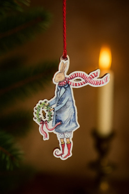 Wreath Giver Rabbit Wooden Christmas Decoration